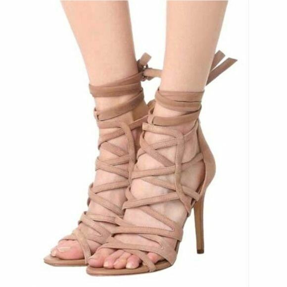 Sam Edelman Alba Tan Leather Lace Up Stiletto Heel Cage Sandals Women's 8.5 - Picture 1 of 10